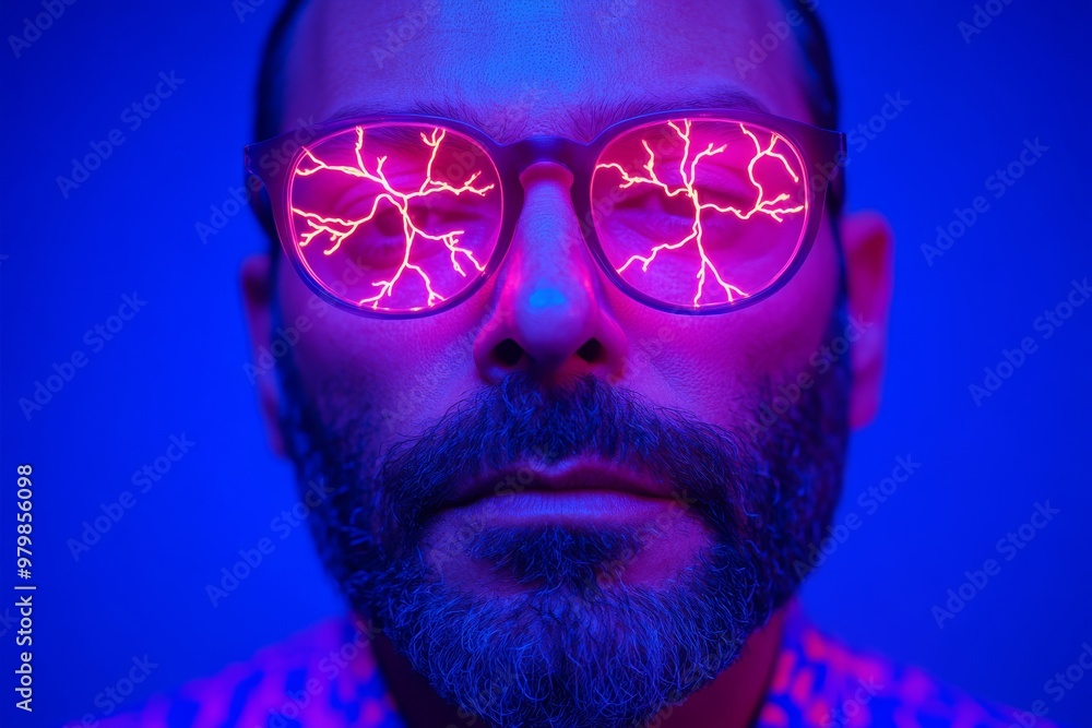 Poster man wearing glowing pink sunglasses reflecting neural connections symbolizing data science digital n
