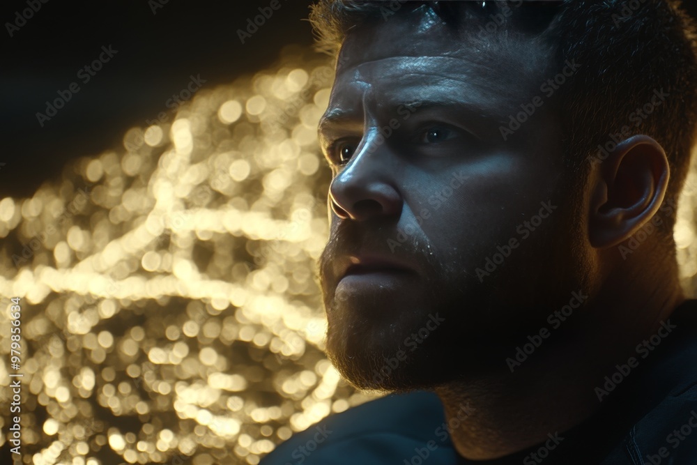 Poster side profile of a man with golden neural networks illuminating his face symbolizing creative intelli