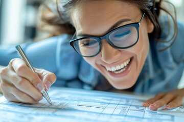 Person wearing eyeglasses is smiling and laughing while filling out the blank weekly time sheet with a pen.