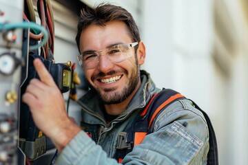 The beautiful male plumber with eyeglasses is happily making a call me gesture, smiling and laughing.