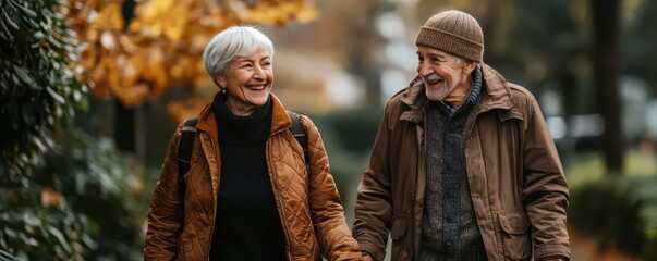 A happy elderly couple walking outdoors on a beautiful autumn day, enjoying each other's company with genuine smiles and closeness, surrounded by vibrant fall foliage in a park setting.