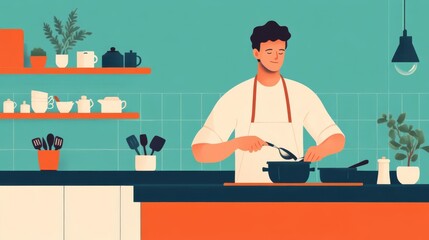 Nurturing Cancer man cooking in a cozy kitchen, representing a caring and familial personality