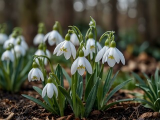 Snowdrops blooming in a garden.