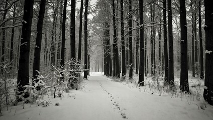 Snowy forest path and trees in black and white.