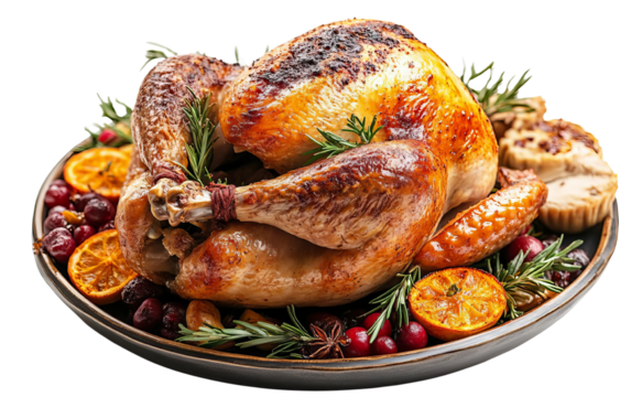 A beautifully roasted turkey garnished with herbs and seasonal fruits, perfect for festive gatherings and holiday celebrations.