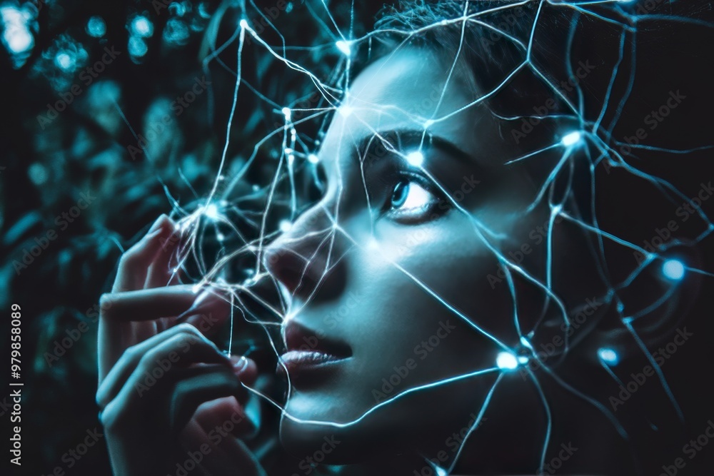 Poster woman surrounded by glowing blue neural synapses symbolizing complex mental processes connectivity a