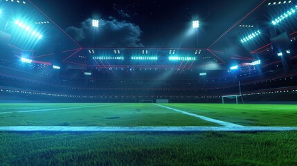 A soccer field with a bright blue sky in the background