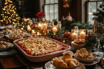 festive christmas table laden with traditional dishes twinkling candles and elegant decorations creating warm inviting ambiance