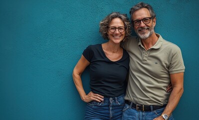 Happy middle-aged couple posing with smiles against a vibrant blue background