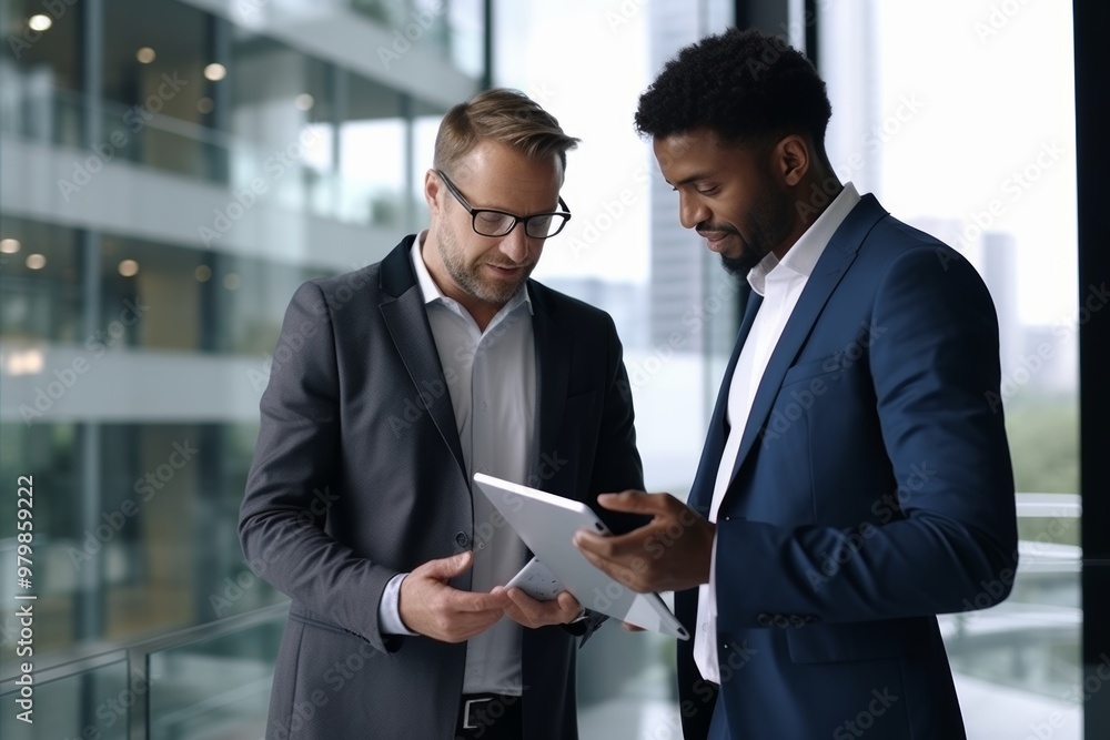 Poster two men in formal suits discuss a project while examining a tablet. large windows reveal a bustling 