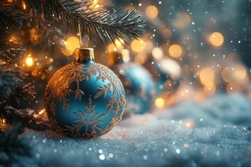 Obraz premium festive winter wonderland with sparkling ornaments hanging from snowdusted fir trees magical starry sky shimmering icy crystals rich jewel tones of emerald and sapphire
