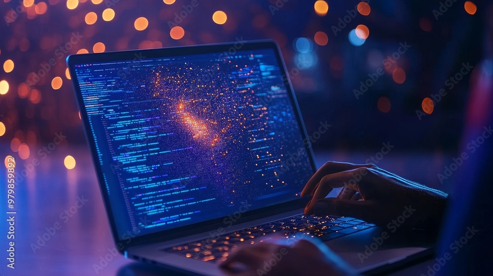 Canvas Prints A close-up of a person's hands typing on a laptop, the screen displaying code with a blurred background of glowing lights symbolizing the digital world, innovation, and progress.