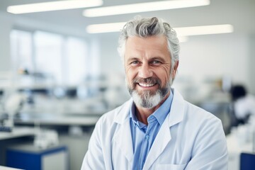 A scientist with a beard and gray hair stands in a contemporary laboratory, wearing a lab coat and smiling warmly amidst advanced scientific equipment and bright lighting