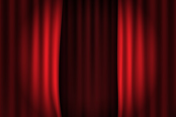 Open red theater or cinema curtain with shadow middle and spotlight circle. Realistic vector background. Grand opening of a show or movie. Background of velvet fabric on stage with lights.
