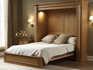 Fototapeta premium Murphy bed unfolding from a sleek wooden wall panel in a cozy studio apartment, soft beige walls, modern Scandinavian design