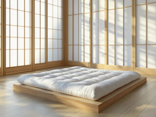 Japanese-style platform bed – A low-rise, tatami-style platform bed made from light bamboo wood, sitting in a serene, zen-inspired room