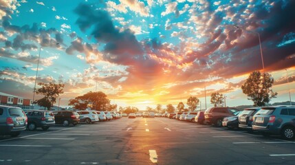 A parking lot with a beautiful sunset in the background