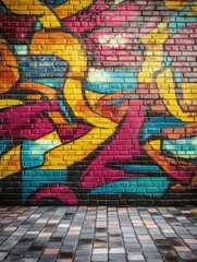 A colorful and abstract graffiti art mural painted on an urban brick wall. The vibrant colors,...