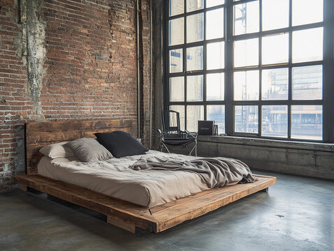platform bed in an industrial loft – A simple wooden platform bed with a rustic, unfinished wood frame placed in a spacious loft with exposed brick walls and large steel-framed windows