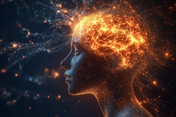 Side profile of a woman with glowing neural energy in her head representing creative thought mental expansion and the intricate pathways of the mind in a futuristic digital world