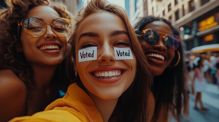 Close-up of a group of three women smiling, with one woman having "Voted" stickers on her face, symbolizing enthusiasm for voting and civic engagement, Election Day concept