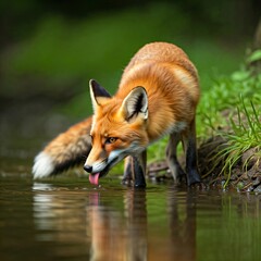 Obraz premium Red fox drinking water from river in forest