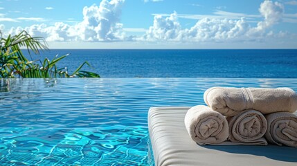 Fototapeta premium Three white towels are stacked on a ledge next to a pool