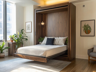 Murphy bed folded into a custom-built dark oak storage wall, bright cozy room, plants, minimalist decor, natural light streaming through a window