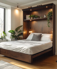 Murphy bed folded into a custom-built dark oak storage wall, bright cozy room, plants, minimalist decor, natural light streaming through a window