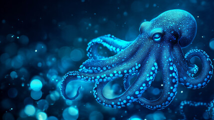 Obraz premium A vibrant blue octopus gracefully moves through shimmering underwater scene, showcasing its intricate tentacles and bioluminescent features. enchanting atmosphere evokes sense of wonder and tranquilit