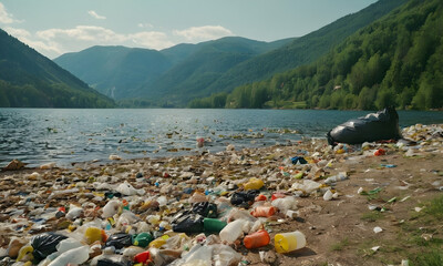 Plastic pollution polluting lake shore with garbage