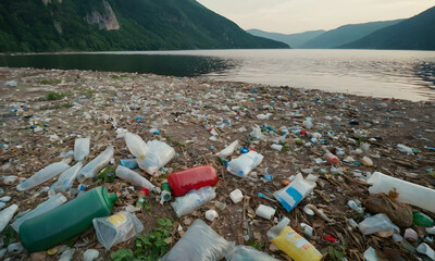 Plastic pollution covering the banks of a scenic lake
