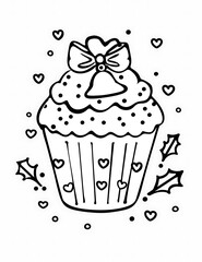 A black and white Christmas cupcake coloring. Happy Holidays coloring page. Vector illustration