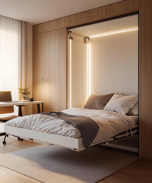 Murphy bed tucked away in a home office, white laminated finish, ergonomic desk nearby