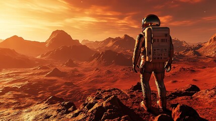Astronaut amidst Mars' rugged landscape