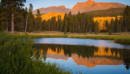 Fototapeta premium Golden hour reflecting on a serene mountain lake in autumn