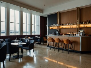 Stylish airport lounge with a chic buffet and premium drinks.