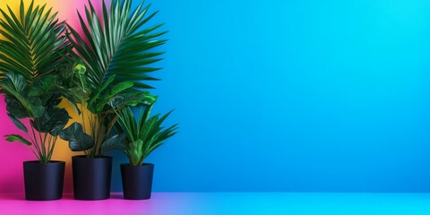 Obraz premium Vibrant Blue to Pink Gradient Background with Potted Plants: Modern Presentation Backdrop for Innovative Product Showcase
