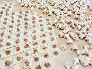 Meaty manti. Traditional Turkish food manti made on wood. 