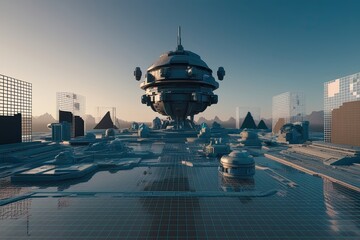Futuristic 3D Foreground Design with Pixel Grids and Advanced Render Techniques