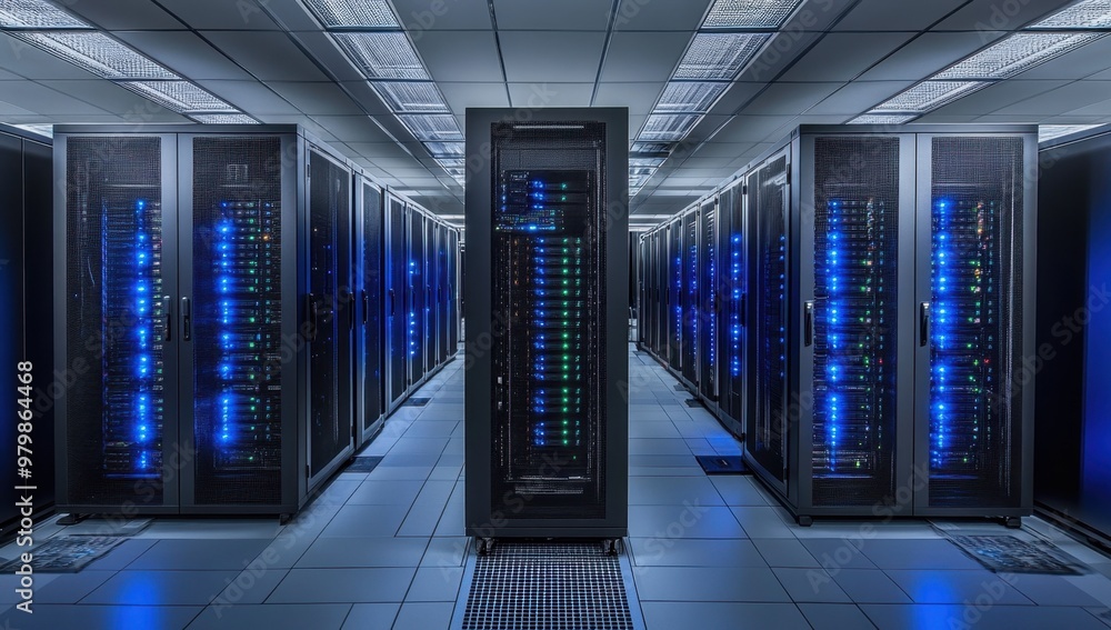 Poster modern server room with rows of high-end supercomputer servers, illuminated by blue lights and surro
