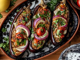 İmam Bayıldı. (A Imam Bayildi). The most popular Turkish dishes. Stuffed eggplant with onions,...