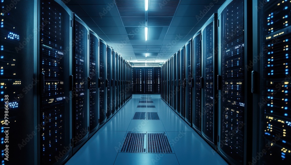 Poster a large server room with rows of black and blue high-end computer equipment, illuminated by bright w