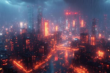 Obraz premium futuristic cityscape at night glowing data streams connecting buildings holographic displays cyberpunk atmosphere