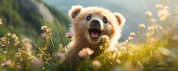 Obraz premium Bear cub peeking through autumn foliage