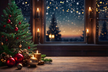 Empty wooden table, candle, ball christmas tree, lights on background, blurred bokeh. Christmas mock up banner to display, advertise product, promotion sale, presentation. New year, winter background.