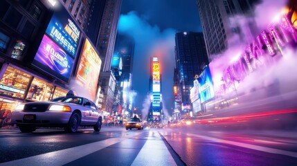 A city street illuminated by bright neon Black Friday lights, with stores advertising massive sales.