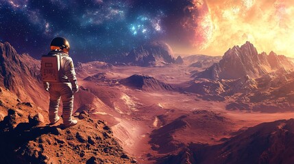 Astronaut amidst Mars' rugged landscape