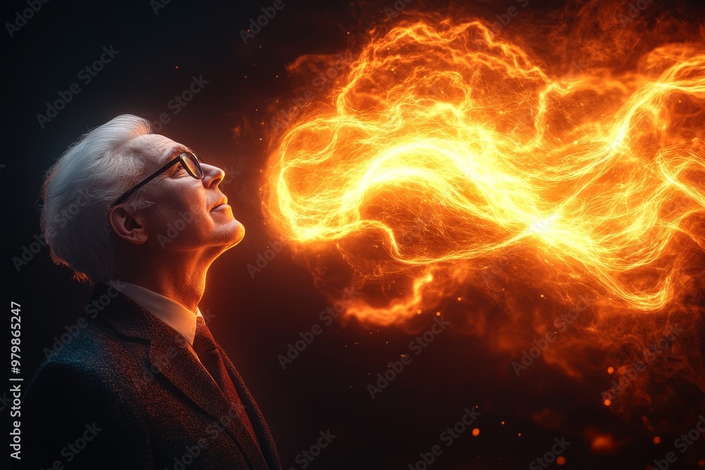 Poster close up of two faces connected by a fiery glowing neural energy symbolizing a shared bond of creati