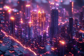 Fototapeta premium futuristic cityscape with glowing data grids neon blue and purple hues miniature skyscrapers emerge from digital landscape cyberpunk aesthetic hightech atmosphere